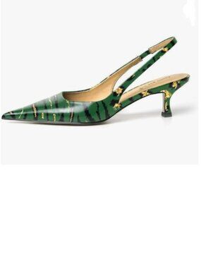 FSJ Forest Green Kitten Heel Slingback Sandals Pointy Toe Sexy Pumps
